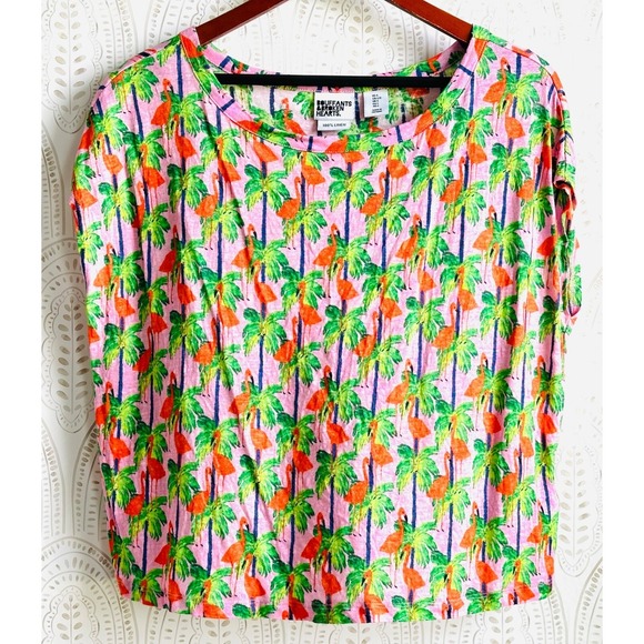 BOUFFANTS + BROKEN HEARTS Womens L Pink Flamingo & Palm Tree Linen Boxy Crop Tee - Picture 2 of 10